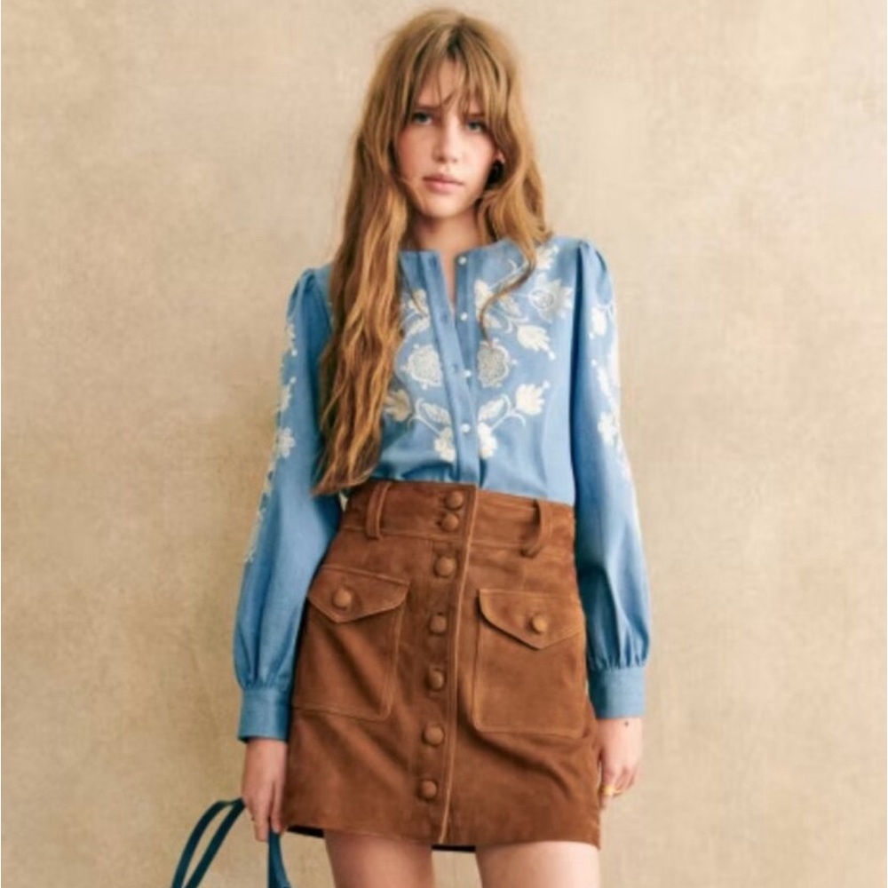Sézane Felicianne Shirt in Ecru / Chambray, size 2 NWT